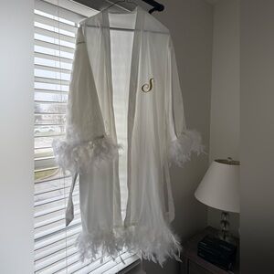White Satin Bridal Long Robe with Feather Trim